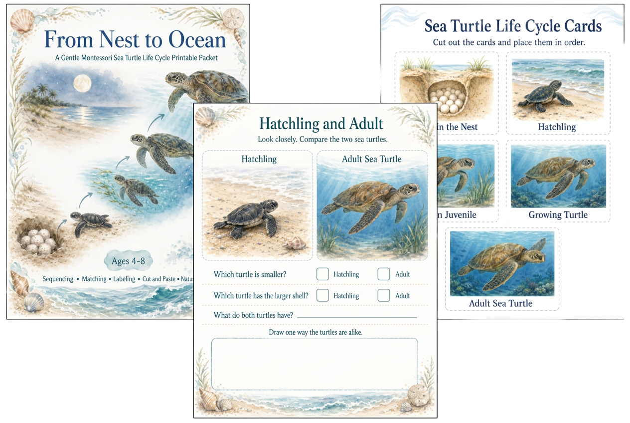 Turtle-themed Montessori worksheet pages